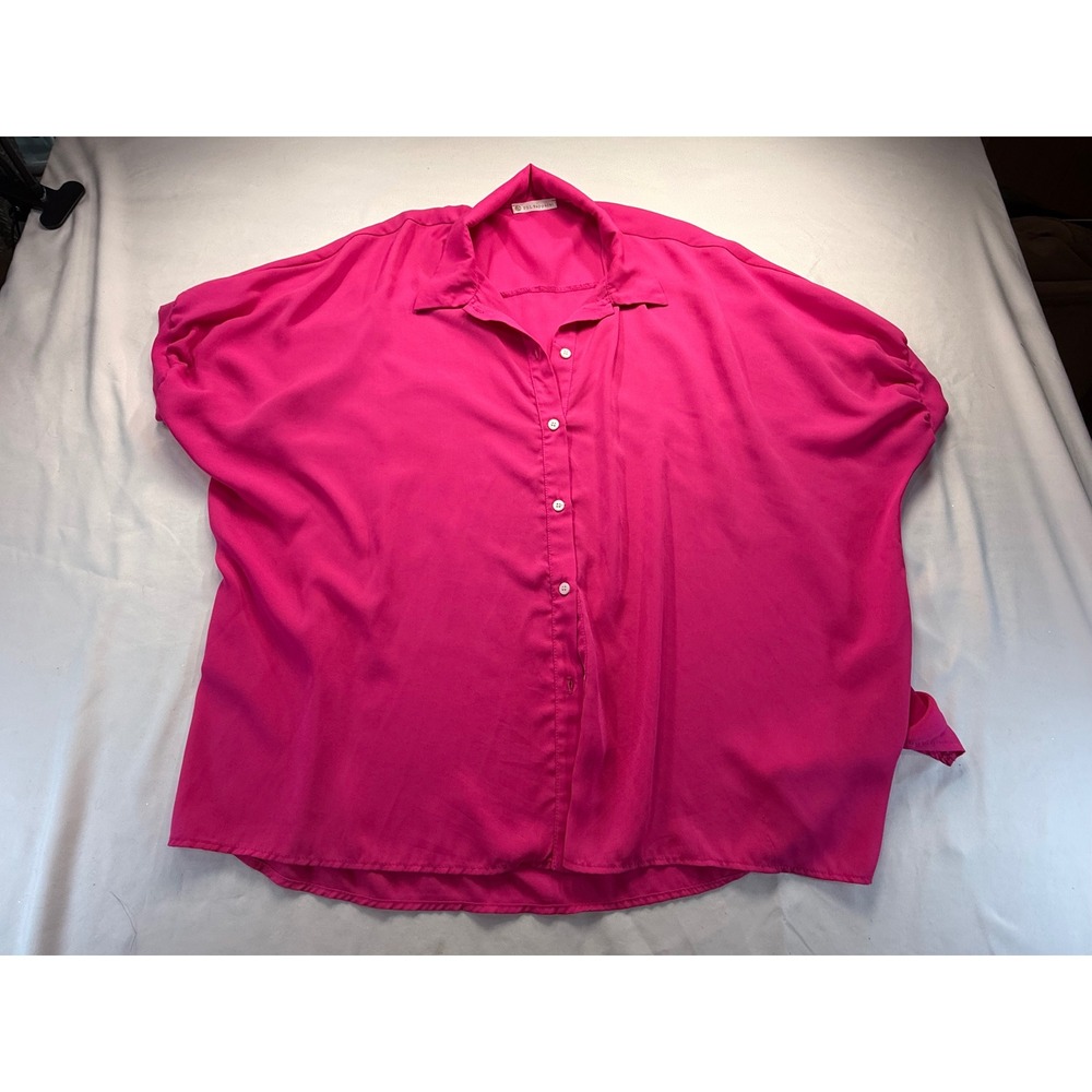FSL Apparel Hot Pink Short Sleeve Button Down Shirt Oversized Blouse Top
